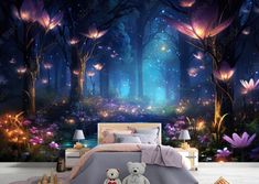 a bed room with a teddy bear sitting on the floor next to a night forest wall mural