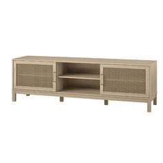 an entertainment unit with wicker doors and shelves on one side, in light brown