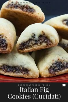 italian fig cookies cut in half on a red plate with text overlay that reads, italian fig cookies cuciati