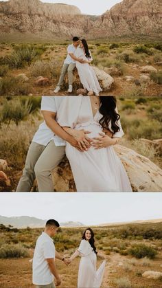 a couple holding each other while standing in the desert