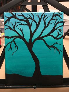 a painting of a tree with no leaves on it in front of a blue background