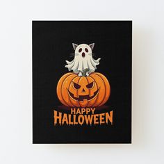 a happy halloween pumpkin with a ghost sitting on it's head canvas mounted print