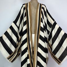 One Size fits S-4X Length: 58 inches Material: Linen Gauze (Thin, light, and semi sheer.) Chic Long Printed Kimono, Kimono Inspired Outfit, Long Patterned Printed Kimono, Kimono Fashion Summer, Modern Kimono Fashion, Elegant Maxi-length Kimono For Loungewear, Robe Kim+ono, Africa Chic, Striped Kimono