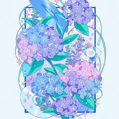 a blue bird sitting on top of a bouquet of purple flowers in a square frame