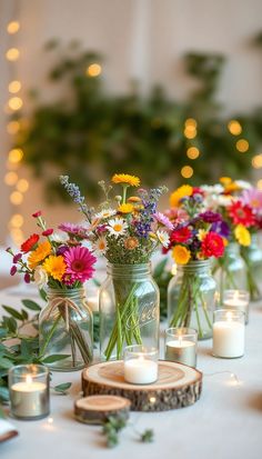 vases filled with flowers sit on a table next to candles and wood slices in front of christmas lights