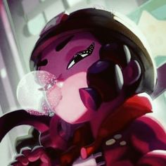 a cartoon character holding a pink object in her hand and looking at the camera while wearing a helmet