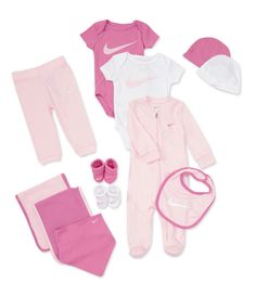 From Nike&#x2C; this set features:12-piecesOne footie bodysuit with long sleeves and zip leg closure2 soft texture&#x2C; swoosh applique blankets2 short sleeve&#x2C; swoosh design bodysuits with snap bottom closure2 caps2 booties1 bib1 burp cloth1 jogger pantCottonMachine wash/tumble dryImported. Baby Girl Clothes Newborn, Daughter Style, Newborn Shoes, Mommy Goals, Baby Beach, Jordan Outfits