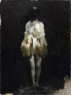 a painting of a man with plastic bags on his back, standing in front of a black background