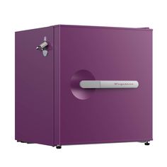 a purple refrigerator with the door open to show it's handle and knobs