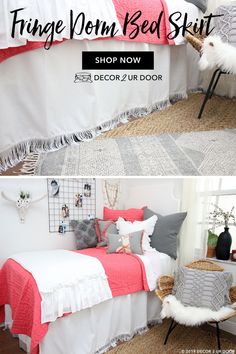 a bed with fringe pom - pom bedspread and pillows