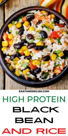 black bean and rice salad in a bowl on top of a wooden table with text overlay