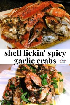 two pictures with different types of crab on them and the words shell lickin'spicy garlic crabs