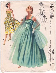 an old fashion sewing pattern from the 1950's, featuring a woman in a green dress