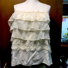 Like New Without Tags Ruffled Bohemian Style Cream And White Tank Top Off White Ruffled Blouse For Brunch, Elegant Tiered Tops For Summer, Elegant Tiered Summer Tops, White Tiered Tops For Summer, White Tiered Casual Tops, White Tiered Summer Top, Off White Ruffled Tops For Day Out, Cream Ruffled Blouse For Day Out, Cream Ruffled Tops For Brunch