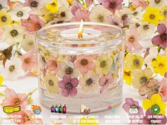 a glass jar filled with flowers on top of a table