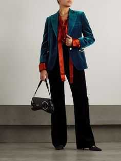 GUCCI Embellished cotton-velvet blazer | NET-A-PORTER Blue Velvet Blazer Outfit, Velvet Blazer Outfit, Blue Blazer Outfit, Neutral Pants, Winter Capsule, Trouser Outfits, Gucci Outfits, Blazer Outfit, Exclusive Dress