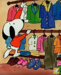 a cartoon dog hanging out in front of a clothing rack