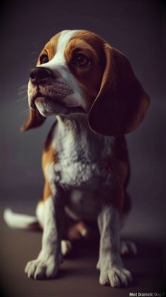 a brown and white dog sitting on top of a floor next to a gray wall