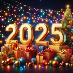 a christmas tree and presents with the numbers 2055 in front of it, surrounded by lights