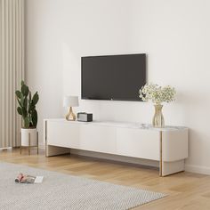 a flat screen tv sitting on top of a white entertainment center next to a potted plant