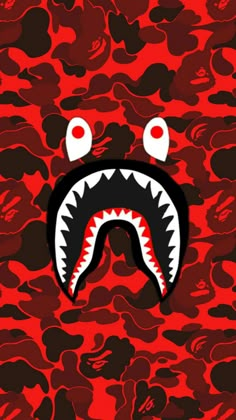 a red camo print with a shark's mouth