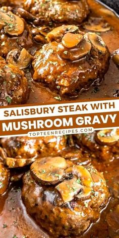 salisbury steak with mushroom gravy in a skillet