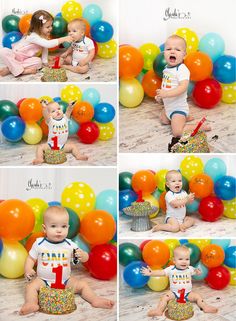 a collage of photos shows a baby with his first birthday cake surrounded by balloons