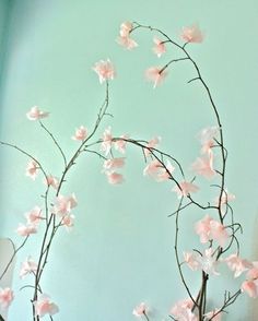 a vase filled with pink flowers sitting on top of a wooden table next to a blue wall