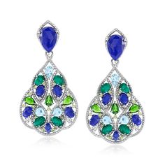 Ross-Simons - 21.80 ct. t. w. Multi-Gemstone Drop Earrings in Sterling Silver. An RS exclusive. Boasting a beautiful palette inspired by sky, land and sea, these stunning drop earrings showcase 21.80 ct. tot. gem wt. multi-shaped sapphires, emeralds, sky blue topaz, chrome diopside, peridot and white topaz in a captivating chandelier design. Finely crafted in polished sterling silver. Hanging length is 1 7/8". Post/clutch, multi-gemstone drop earrings. Emerald birthstones are the perfect gift fo Emerald Birthstone, Earrings Emerald, Chandelier Design, Emerald Stone, Stone Cuts, Green Stone, Color 2