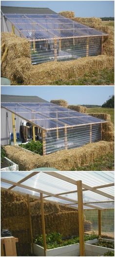 two pictures showing the inside of a greenhouse with hay in it