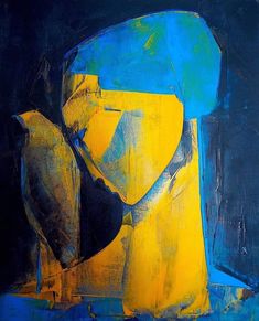 an abstract painting with blue and yellow colors