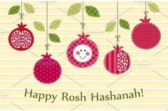 happy rosh hashanah with pomegranates hanging from the strings