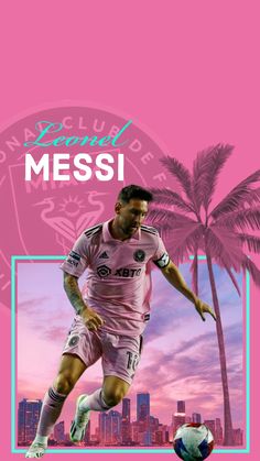 a man kicking a soccer ball in front of a pink background with the words messi