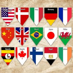 a bunch of flags that are on a piece of paper with the names of countries