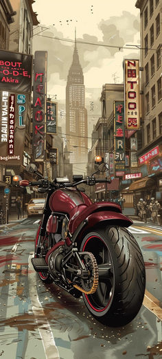 a red motorcycle parked on the side of a road in front of tall buildings and neon signs