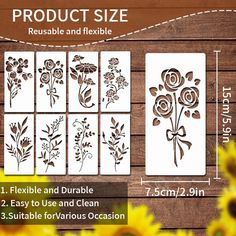 sunflowers and flowers stencils are shown on a wooden background with measurements