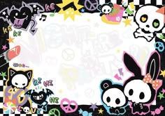 a black and white checkered background with skulls, stars, and cartoon characters on it