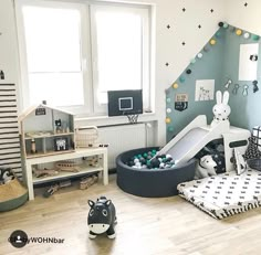 a child's room with toys and decor