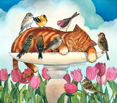 a cat sleeping on top of a bird bath surrounded by birds and tulips