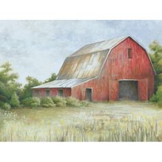 an oil painting of a red barn in the middle of a field with tall grass and trees