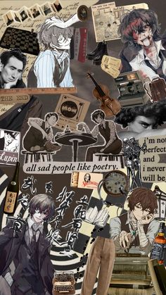 a collage of anime characters with words and pictures all over the place in front of them