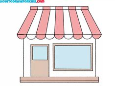 a drawing of a store front with pink awnings on the top and two windows