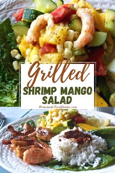 grilled shrimp mango salad on a white plate with the title overlay reads grilled shrimp mango salad