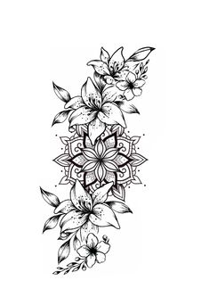 a black and white drawing of flowers with leaves on the bottom half of each flower