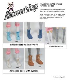 "SSP-068:  A really, REALLY, detailed tutorial for lace up boots and knee high socks. HAND SEWING IS NECESSARY. I include a section on how to sew backstitch, which it the stitch I have used for these. This walks you all the way through making these delightful little fleece boots with the accompanying socks. The socks made in pale fabrics will protect your doll from any staining, if you want to use dark fabrics for the boots. Crammed with quality photographic instructions that will enable even th Felt Boots Pattern, Fleece Boots, Kaye Wiggs, Ellowyne Wilde, Ruby Red Fashion Friends, Sewing Doll Clothes, Fashion Friends, Knee High Socks, How To Sew