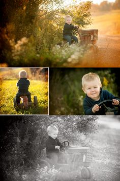 a collage of photos with two children and an old truck