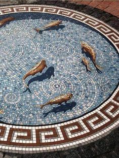 some dolphins are swimming in the water on a circular mosaic tile floor with greek border