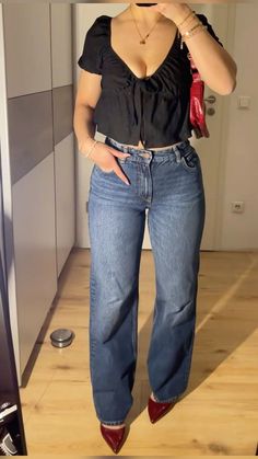 Check more at https://beautyfashionideas.com/heels/5265/ Red Heels Jeans Outfit, Red Heels Outfit Casual, Casual Outfit Heels, Fancy Dinner Outfit Ideas, Red Heel Outfit, Maroon Heels Outfit, Blue Heels Outfit Ideas, Outfits With Kitten Heels, Jeans And Kitten Heels Outfit