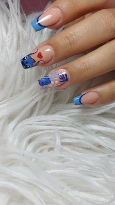 Stitch Nail Designs Simple, Nail Ideas Stitch, Simple Stitch Nails, Short Stitch Nails, Stitch Inspired Nails, Stitch Nail Ideas, Stitch Nails Short, Stitch Acrylic Nails, Crazy Nails Designs