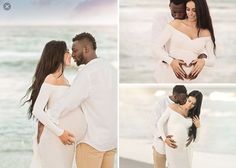 a pregnant couple cuddles on the beach while holding each other's belly